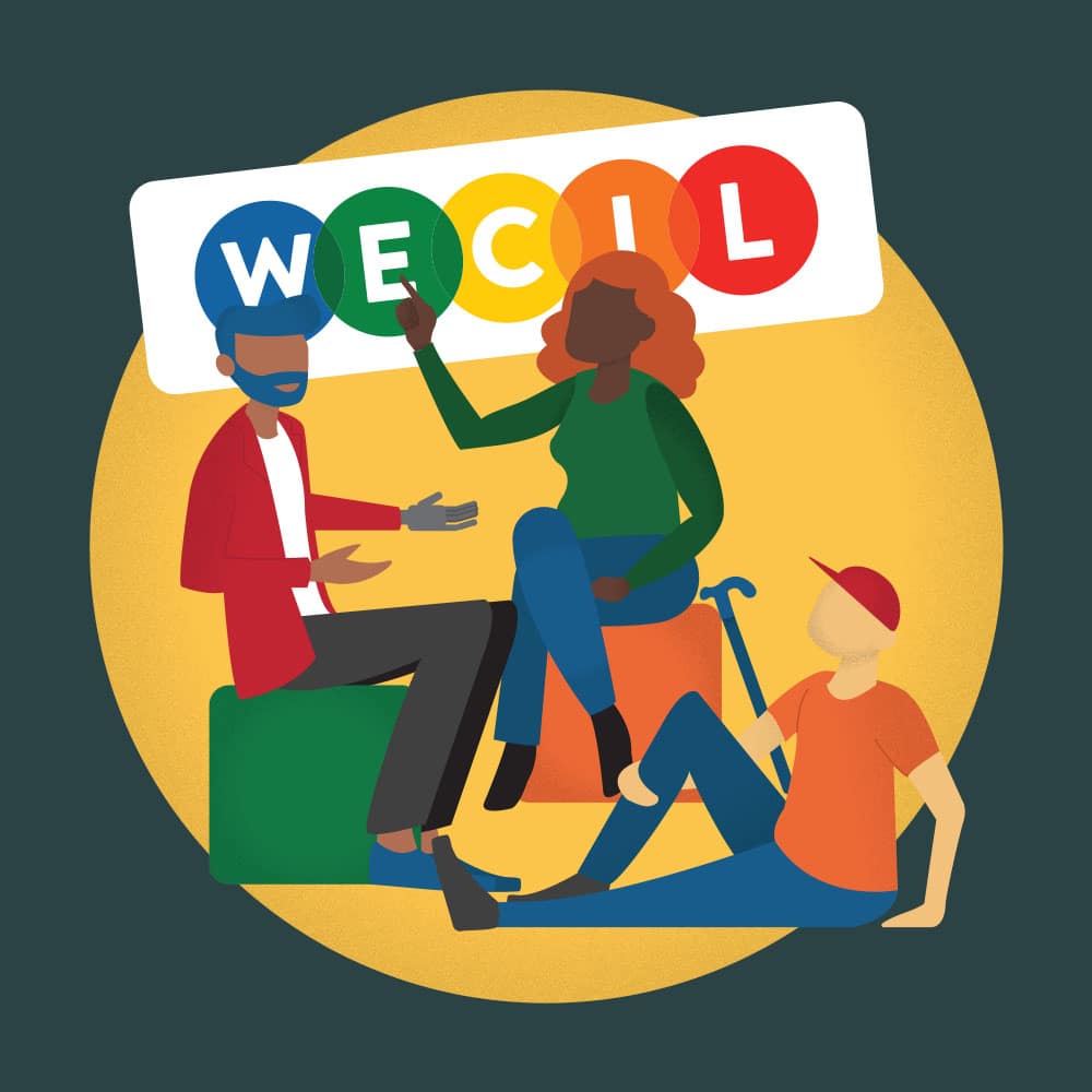 An illustration of three adults sitting, one of them is pointing at WECIL logo