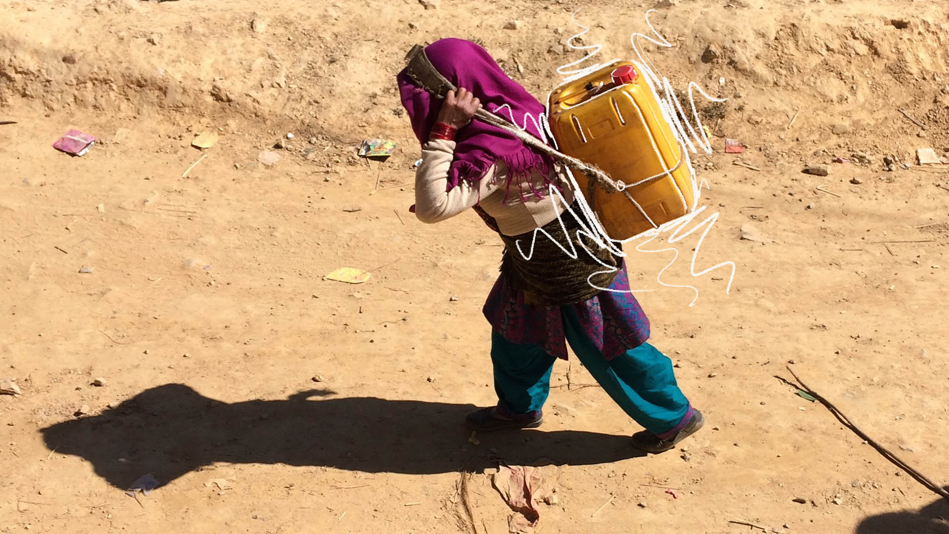 Someone carrying water with hand drawn white lines