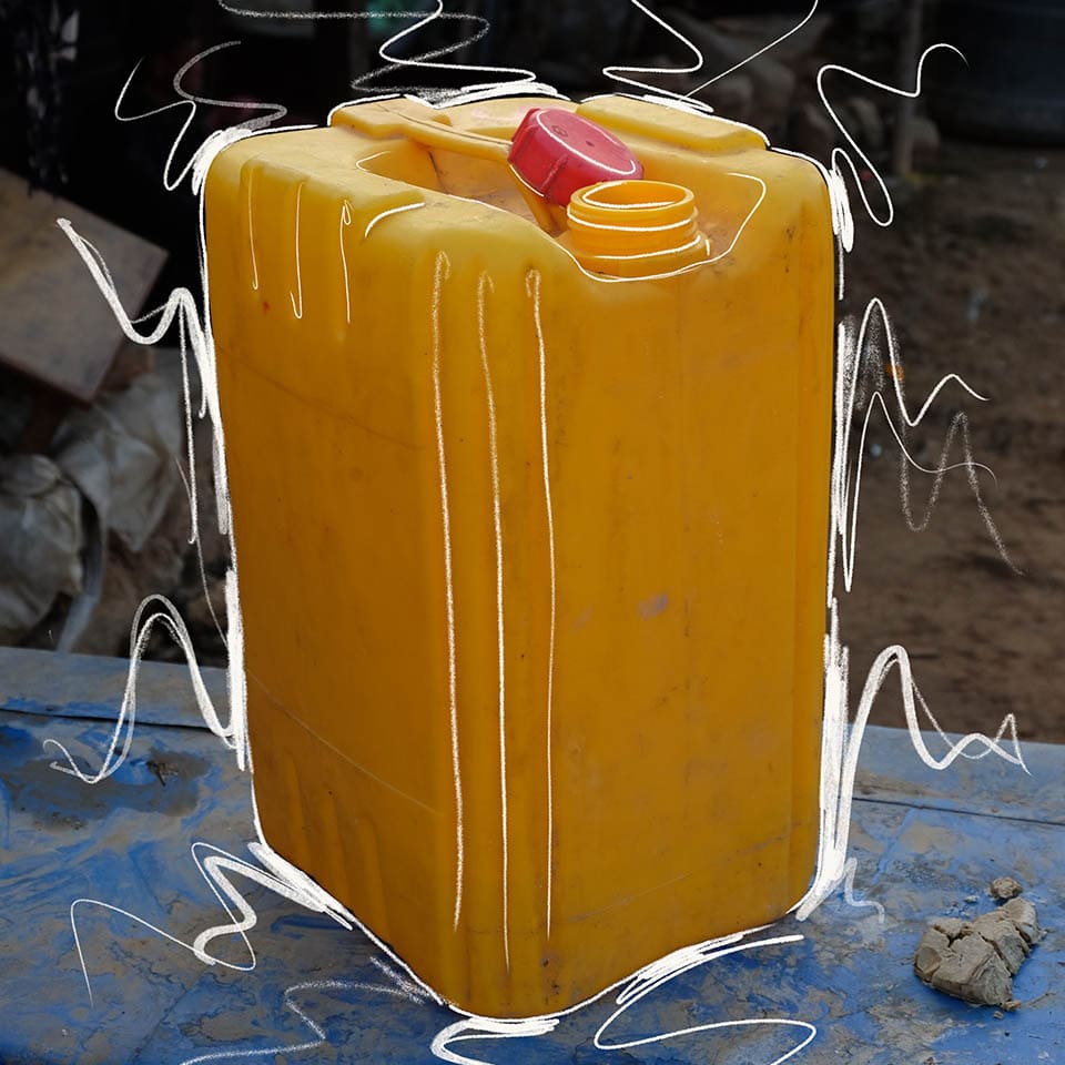 Yellow water container with hand drawn white lines