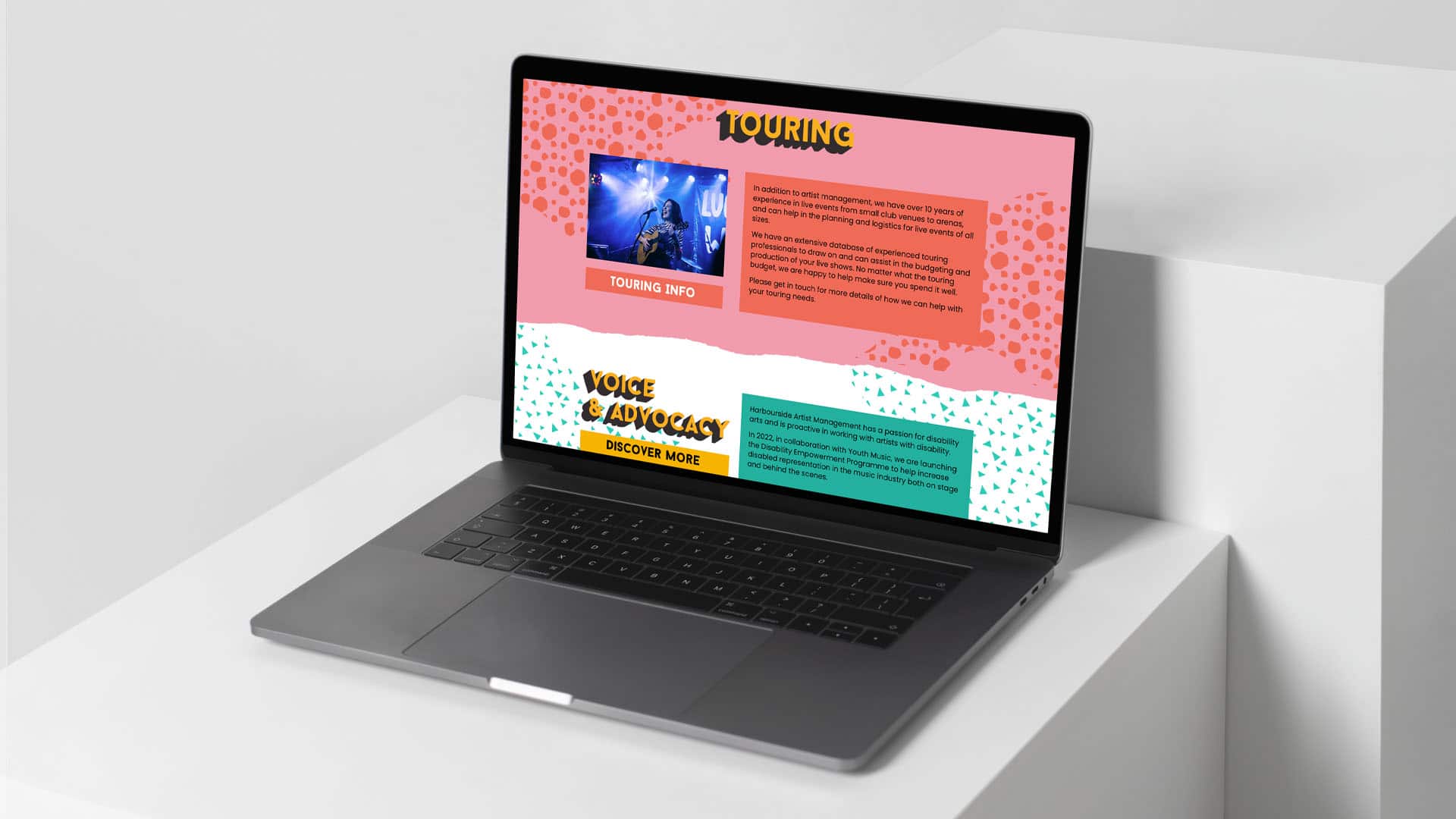 Harbourside artist management website macbook laptop mockups