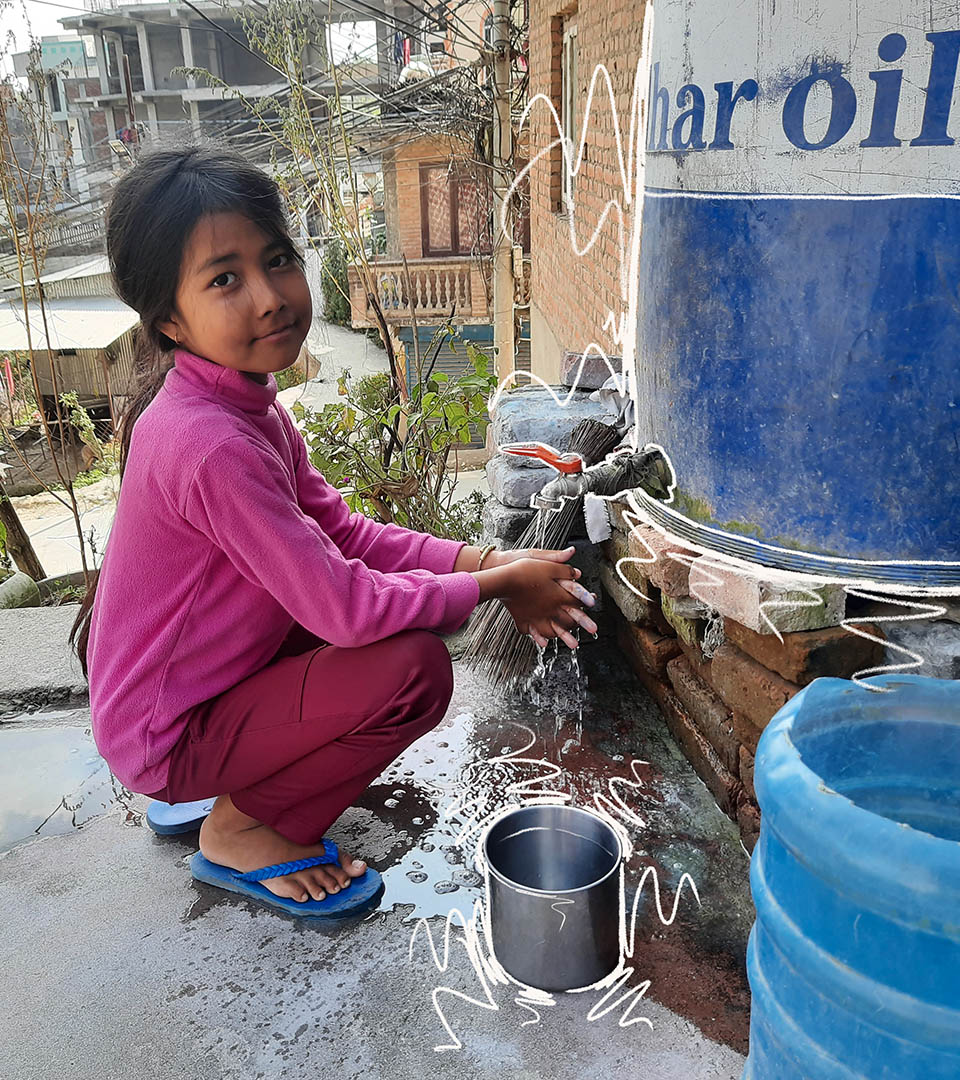 A child pouring water with hand drawn white lines