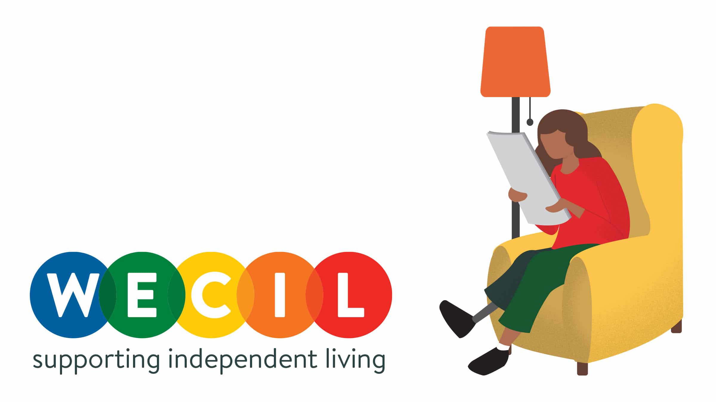 WECIL logo and an illustration of a Disabled person in a chair